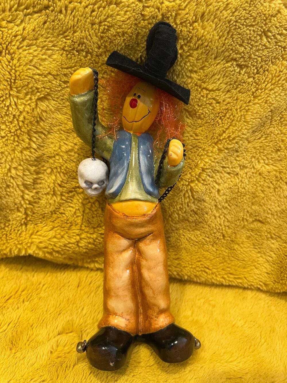 Halloween Pumpkin headed ceramic figurine Holding Skull 12" Tall decor scarecrow
